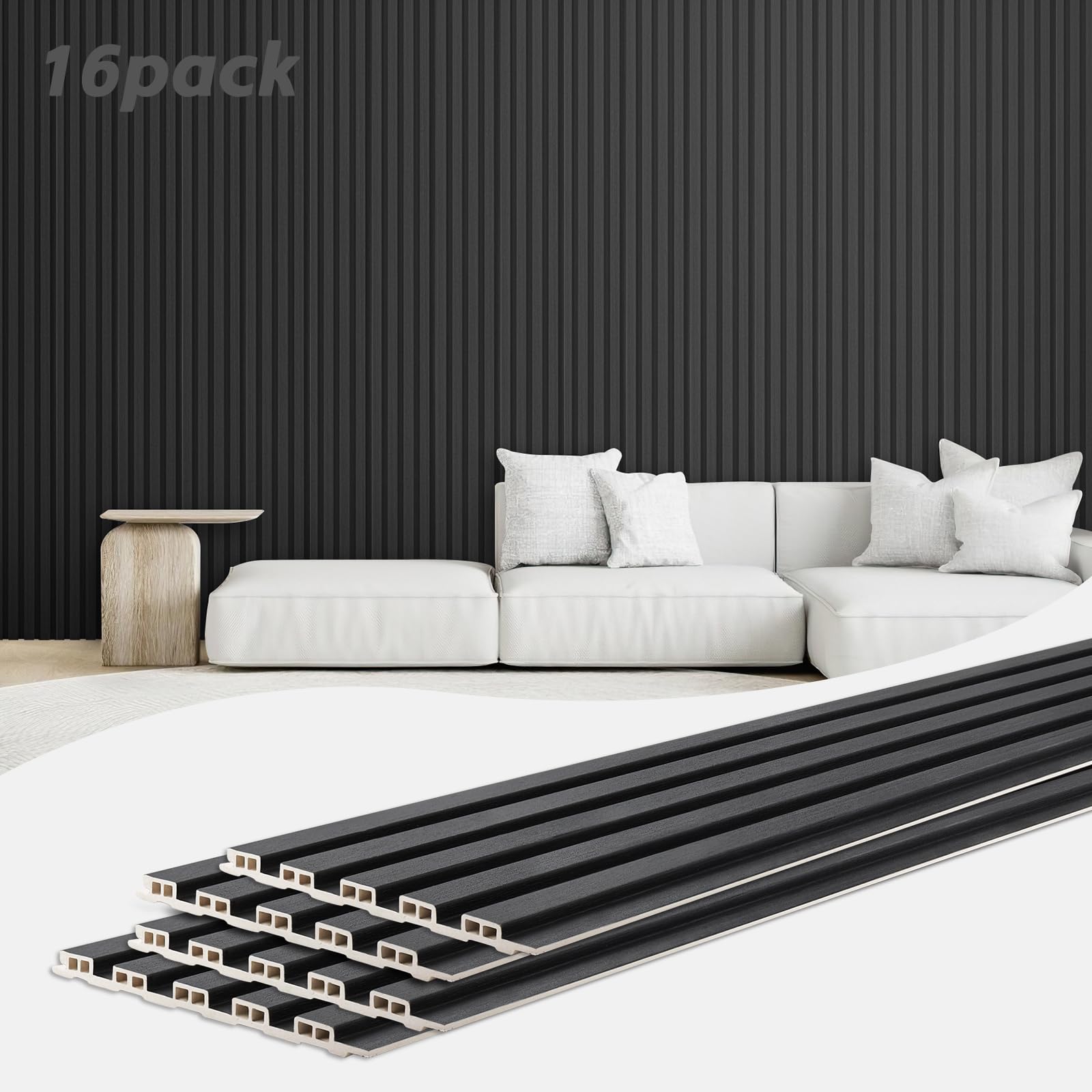 16 Pack WPC Slat Wall Panels, 48 x 6 Inch 3D Wood Wall Panels, Wood Slat Wall Paneling for Interior Wall Decor, Living Room, Bedroom (Black)