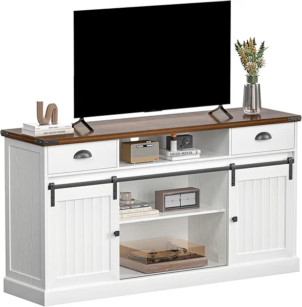 AntsandAnts Coastal Style TV Stand for 65 inch TV, Mid Century Wood Entertainment Center with Storage Cabinets, Tall Farmhouse TV Console Table for Living Room Bedroom, White