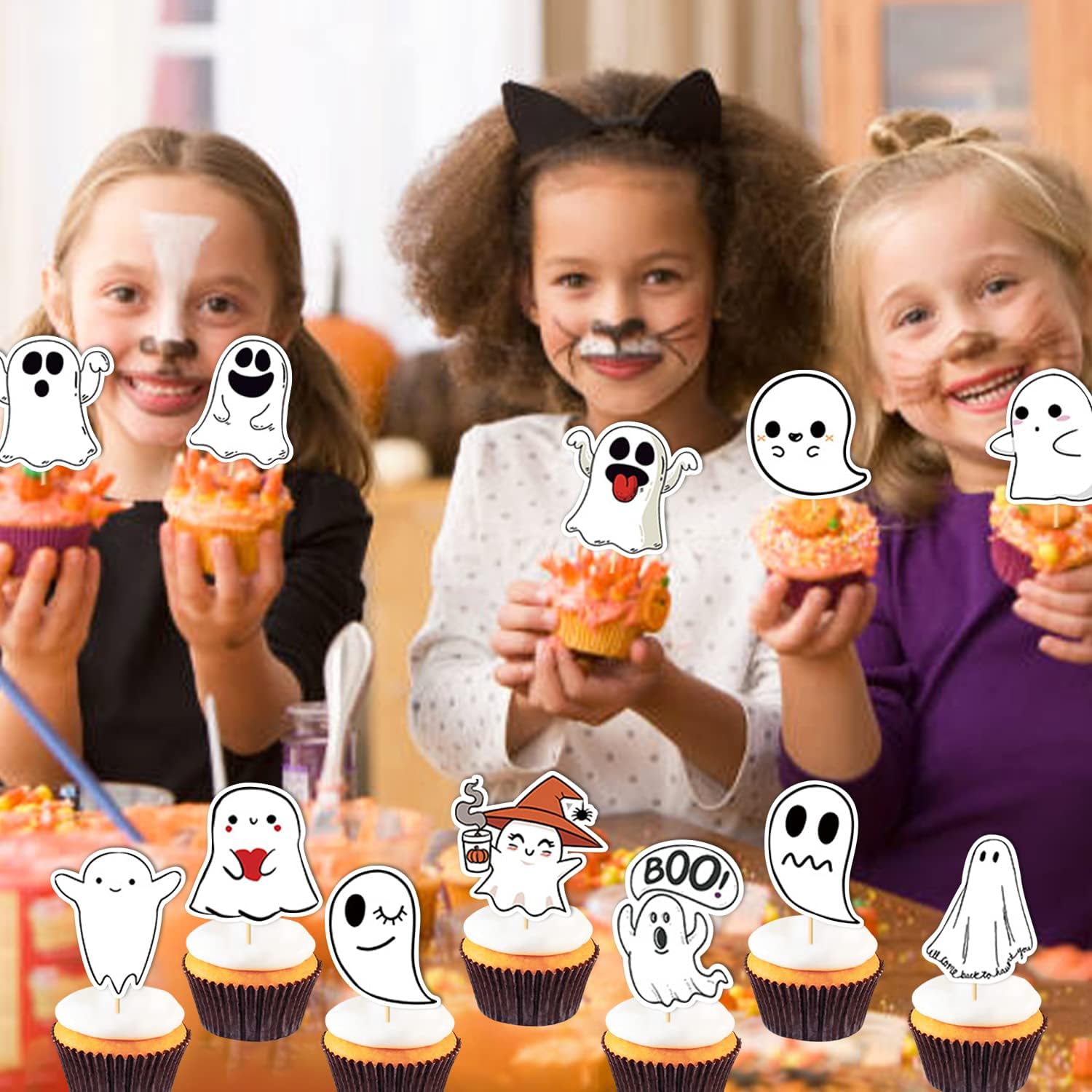50 Pieces Halloween Ghost Cupcake Topper Halloween Ghost Spooky Little Boo Theme Stickers (2 in 1) for Halloween Birthday Baby Shower Wedding Bridal Shower Party Decoration
