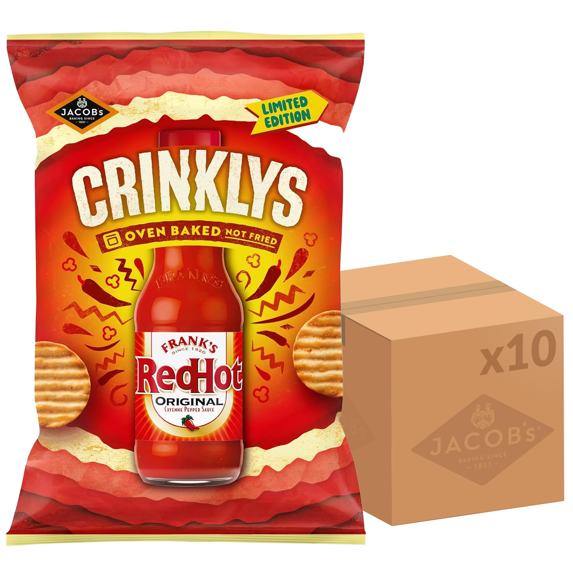 JACOB'S Crinklys Franks Red Hot Original Baked Snacks, 150 g (Pack of 10)