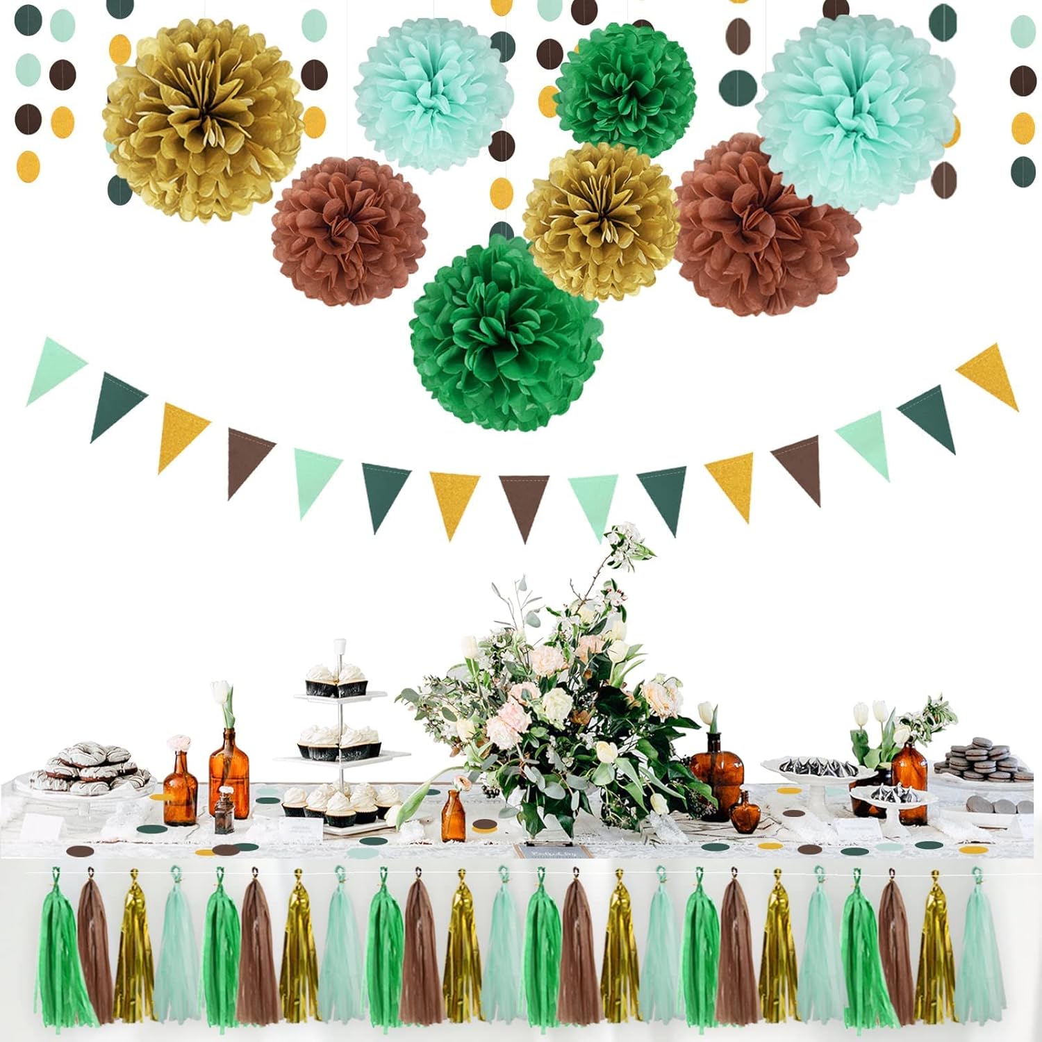 Sage-Green Gold Party Decorations - Bridal Shower Confetti Table Decor Baby Shower Circle Dots Garland Wedding Pennant Banner Engagement Tassel Birthday Party Tissue Paper Flowers Hanging Decoration