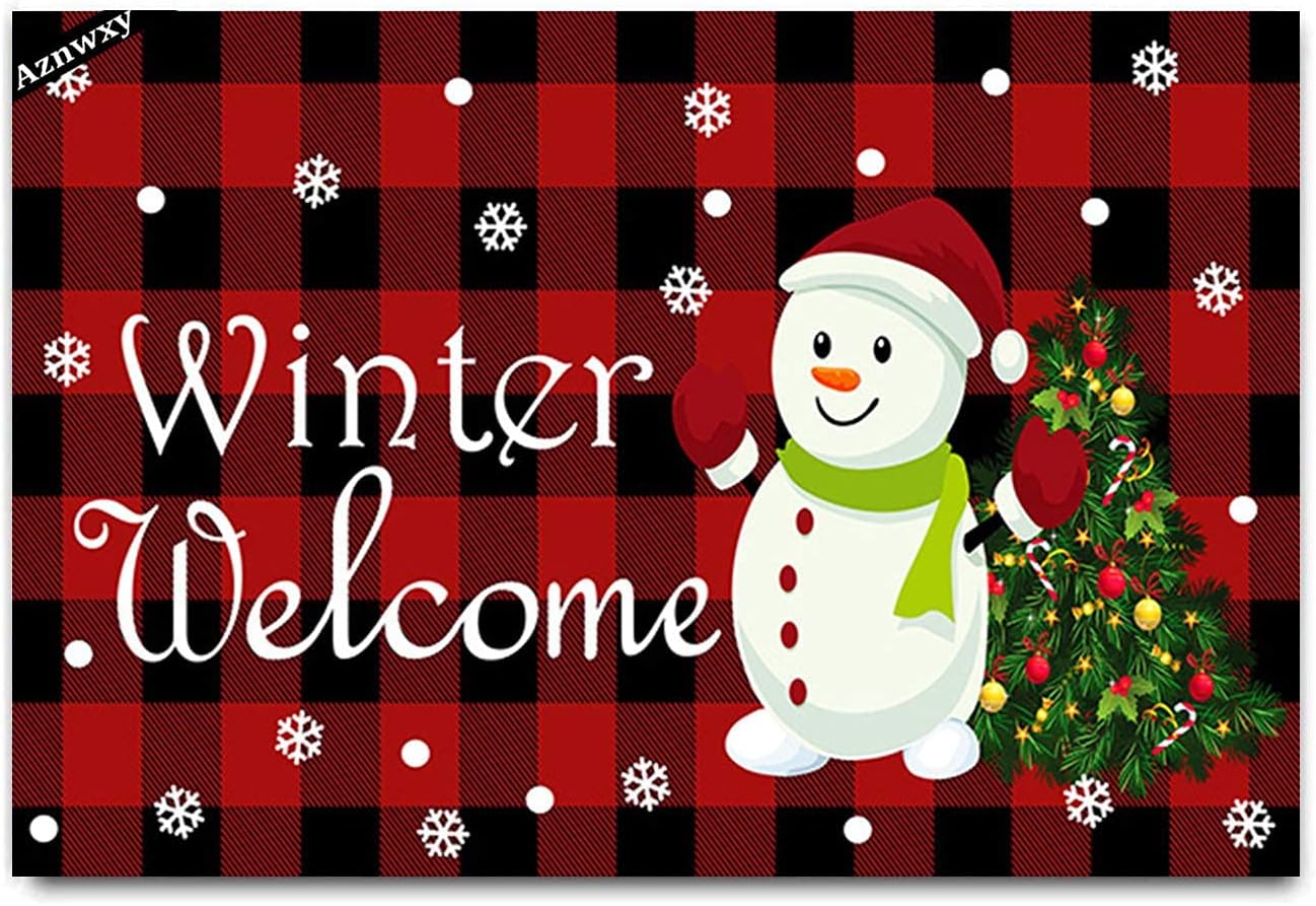 AZNWXY Red and Black Buffalo Check Plaid Snowman Welcome Doormat, Christmas Valentine Day Holiday Buffalo Plaid Home Floor Mat Indoor Outdoor