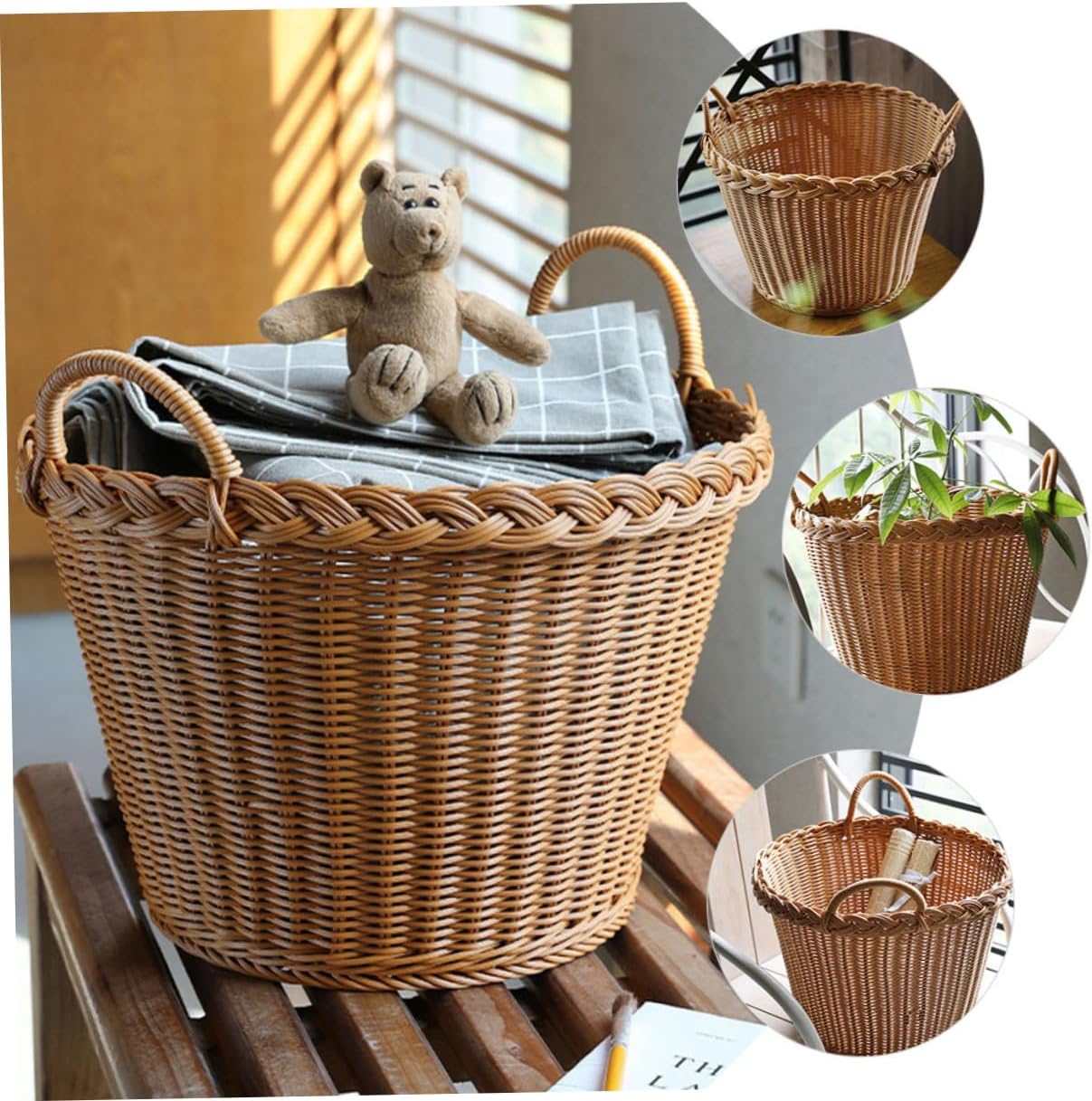 Simulated Rattan Woven Clothes Hamper Basket with Handle Portable Lightweight Laundry Hamper for Dirty Clothes Storage Japanese Style Multipurpose Laundry Basket for Home Use