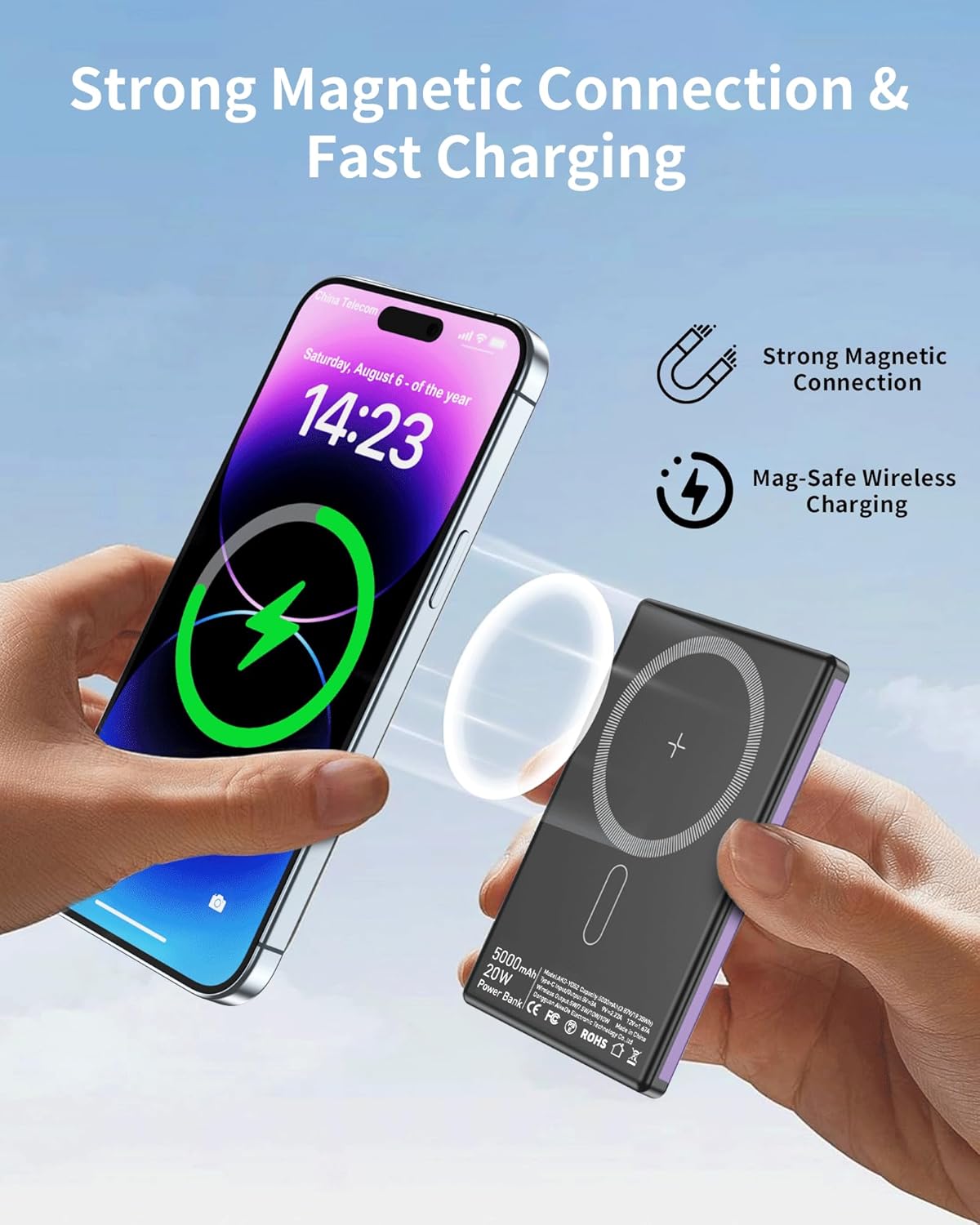 ZBF Wireless Portable Charger,5000mAh Slim Magnetic Power Bank Phone Charger with USB-C Cable, PD 20W Fast Charging Mag-Safe Battery Pack Travel Charger for Phone 17 16 15 14 13 Pro Max(Purple)