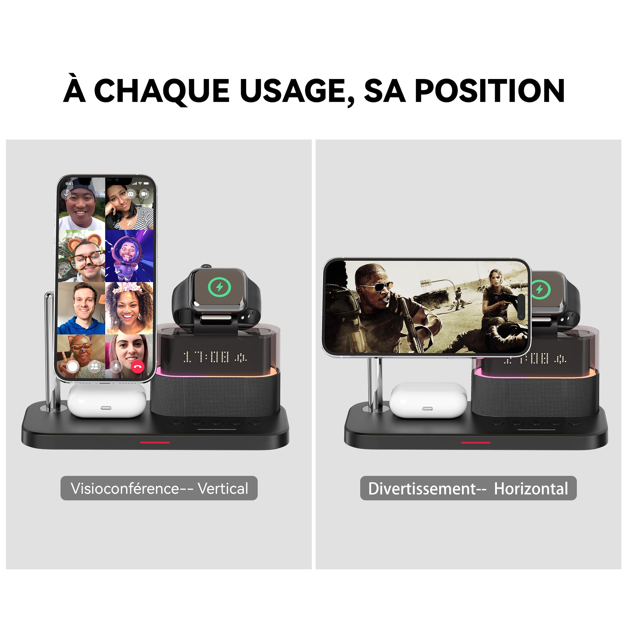 Chargeur Induction 3 en 1 Qi2 Magnétique 15W pour iPhone 17/16/15 Pro Max, AirPods 4/3/2/Pro et Apple Watch S10/9/8, Station de Charge Rapide sans Fil avec Réveil et Lumière RGB