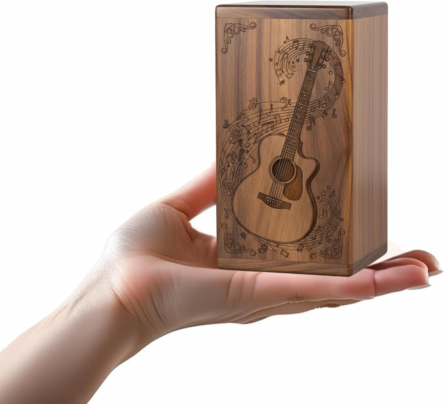 Urnique Handcrafted Wood Cremation Urn for Human Ashes - Elegant Guitar & Musical Notes Design, Solid Rosewood, Adult Memorial Funeral Urn with Secure Sliding Bottom - Tributes for Loved Ones
