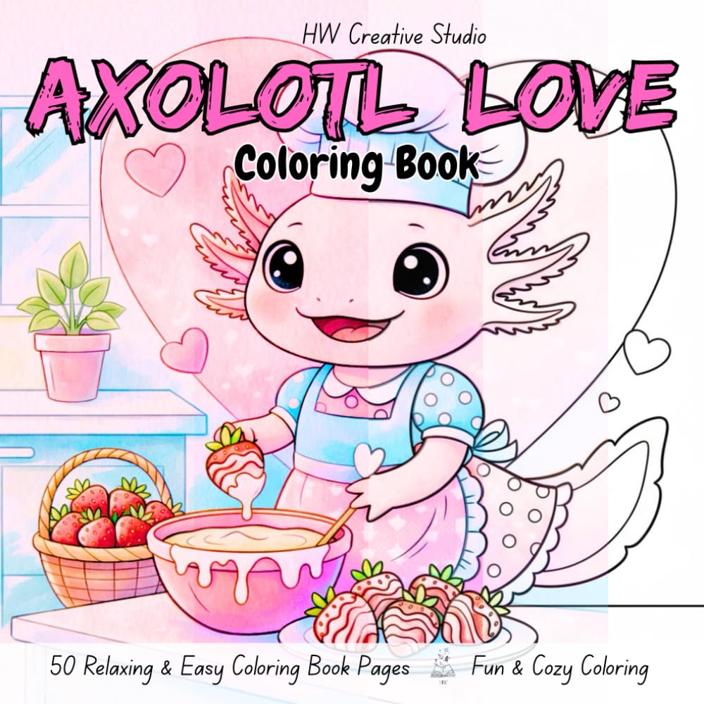 Axolotl Love Coloring Book: Featuring Cute Cozy Axolotls in Love Filled Scenes to Color for Relaxation (HW Creative Studio) Simple Designs, Fun & Easy, for Adults, Teens, and Kids