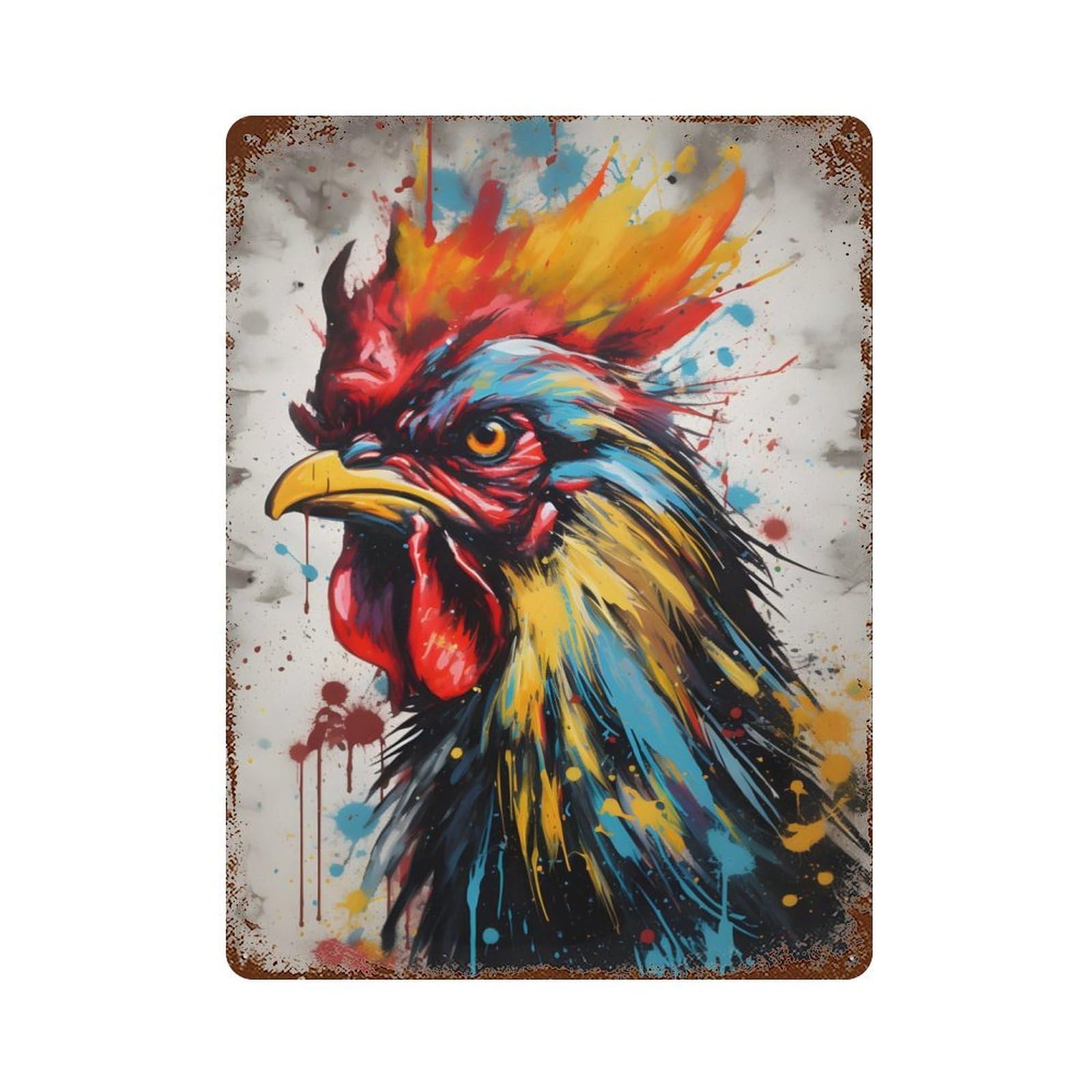 Aged Metal Wall Plaque with Colorful Rooster Splatter Design 15.7"x11.8", for Cafe, Home Bar And Lounge Decor, Novelty Wall Decor