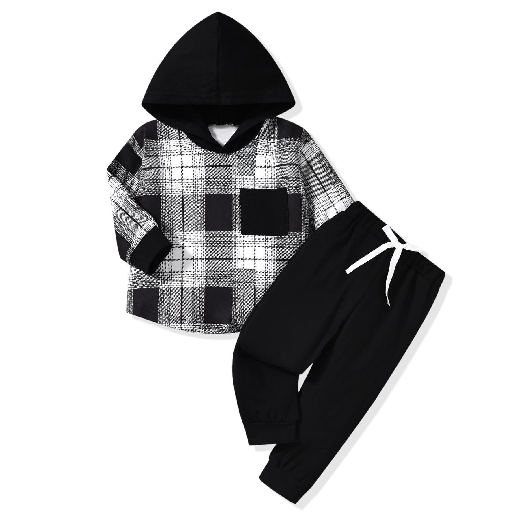 HINTINA Toddler Little Boy Plaid Sweatsuit Outfits Long Sleeve Hooded Sweatshirt Hoodie Fall Winter Clothes Clothing Set