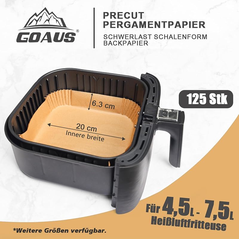 GOAUS Sütőpapír Forrólevegős Fritőzhöz 4,5-8L, 125 db Légkeveréses Sütő Papírtálka 20-24 cm Ninja Cosori Tefal Philips XL XXL