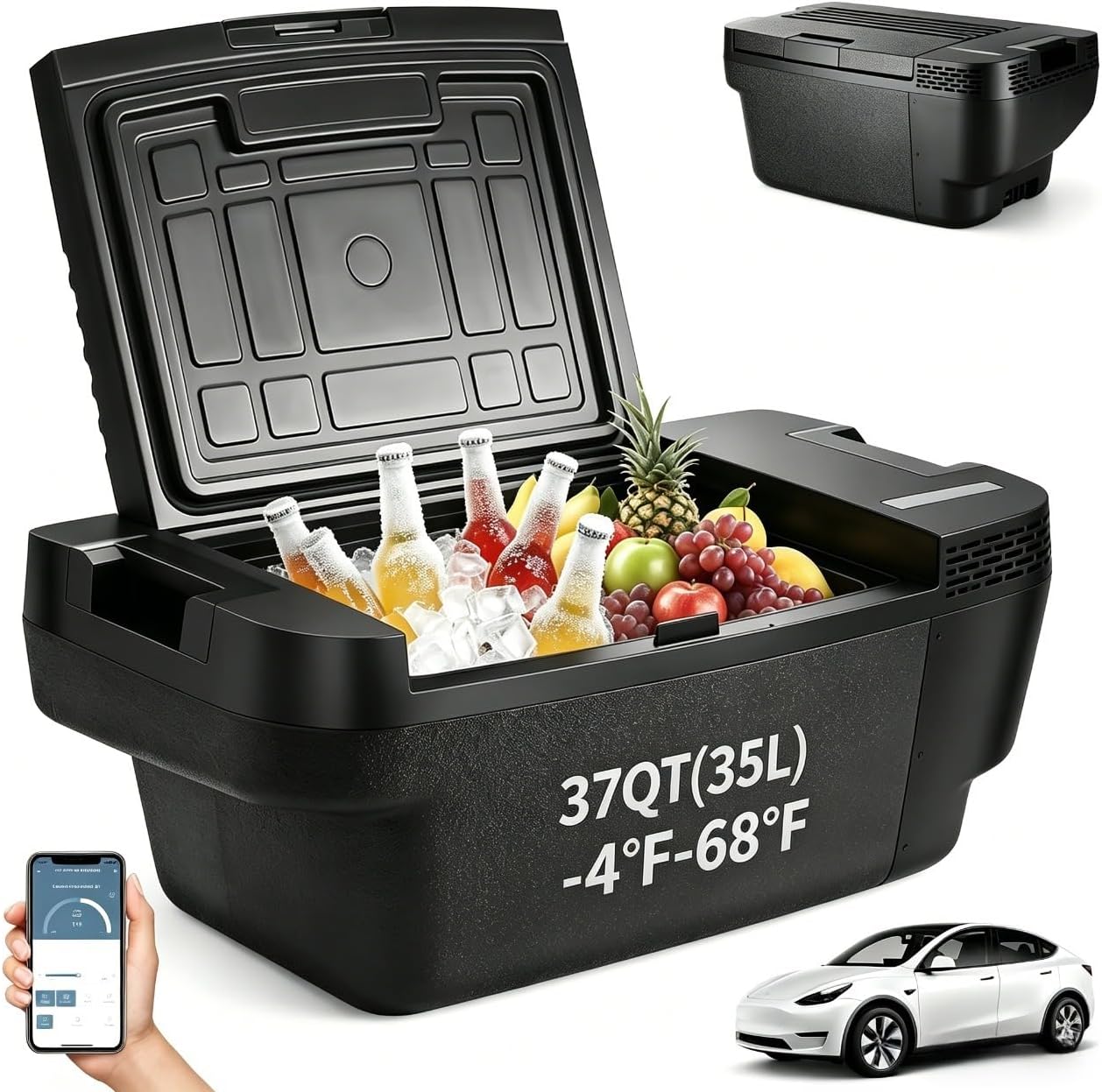Portable Car Refrigerator for Tesla Model Y (2019-24 25 26), 37QT (35L), Fast Cooling -4°F to 68°F, App Control, Space-Saving Design, 28dB Trunk-Mounted Car Fridge for Outdoor, Travel, Camping & Home