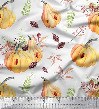 Soimoi Cotton Voile White Fabric - by The Yard - 56 Inch Wide - Leaves & Pumpkin Vegetable Bounty Cloth - Nature-Inspired Fusion for Kitchen and Home Goods Printed Fabric
