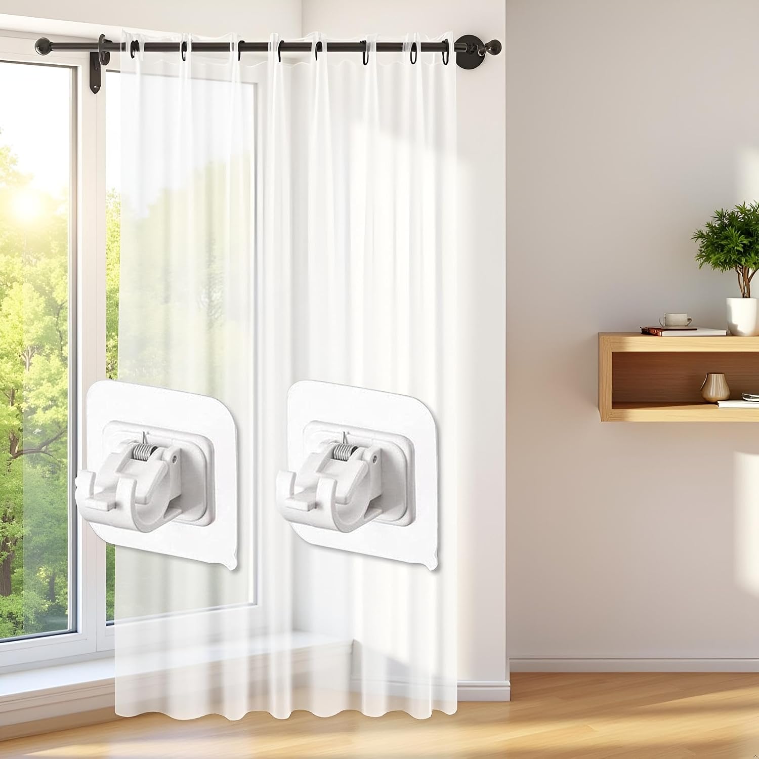 2Pcs Nail-Free Adjustable Curtain Rod Brackets No Drilling Clamp Hooks Rod Bracket Holders Glue Wall Curtain Fixed Clip Hanging Rack Hook Hangers for Bathroom Kitchen