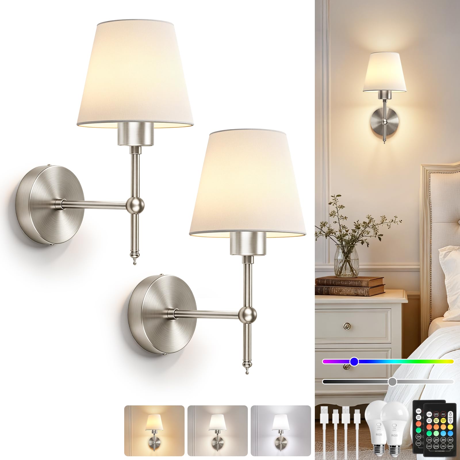 Dehobo Rechargeable Wall Ligjhts Set of 2, Wireless Wall Lamps Sand Nickel