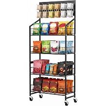 4-Tier Rolling Display Rack with Grid Wall & 12 Hooks, 55" H x 23.8" W x 10.4" D Metal Snack Storage Shelving Unit for Store, Kitchen, Office, Living Room, Black