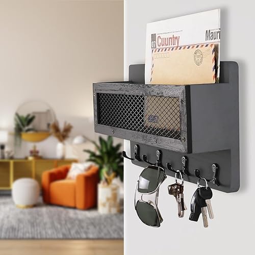 Miniatura 9 de ADIIL Soporte para correo y llaves para decoración de pared, organizador de llaves de pared de madera con 4 ganchos dobles para llaves, colgador de