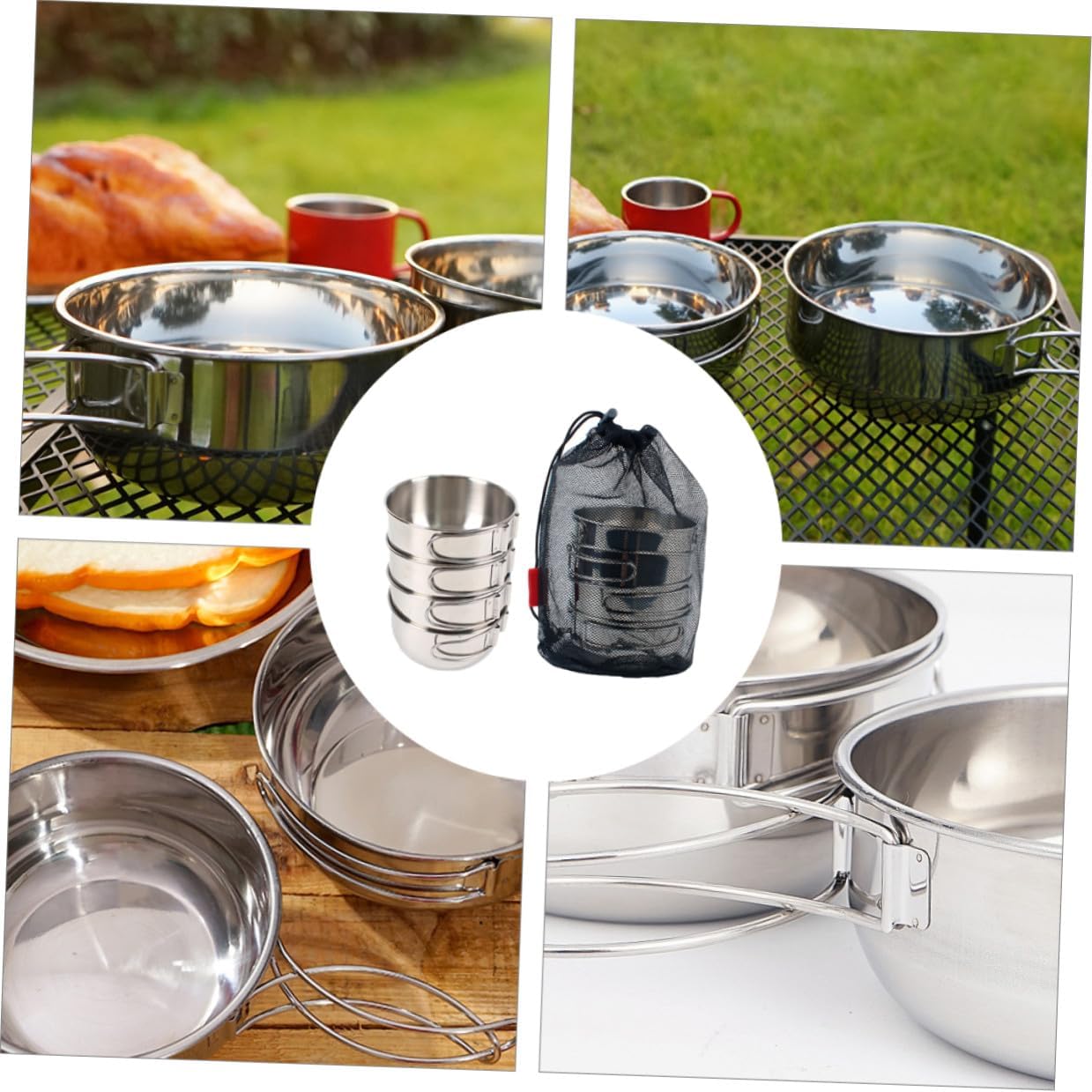 PRETYZOOM Stainless Steel Folding Bowls Outdoor Portable Tableware for Camping Hiking Picnic with Storage Bag Rust-resistant Lightweight