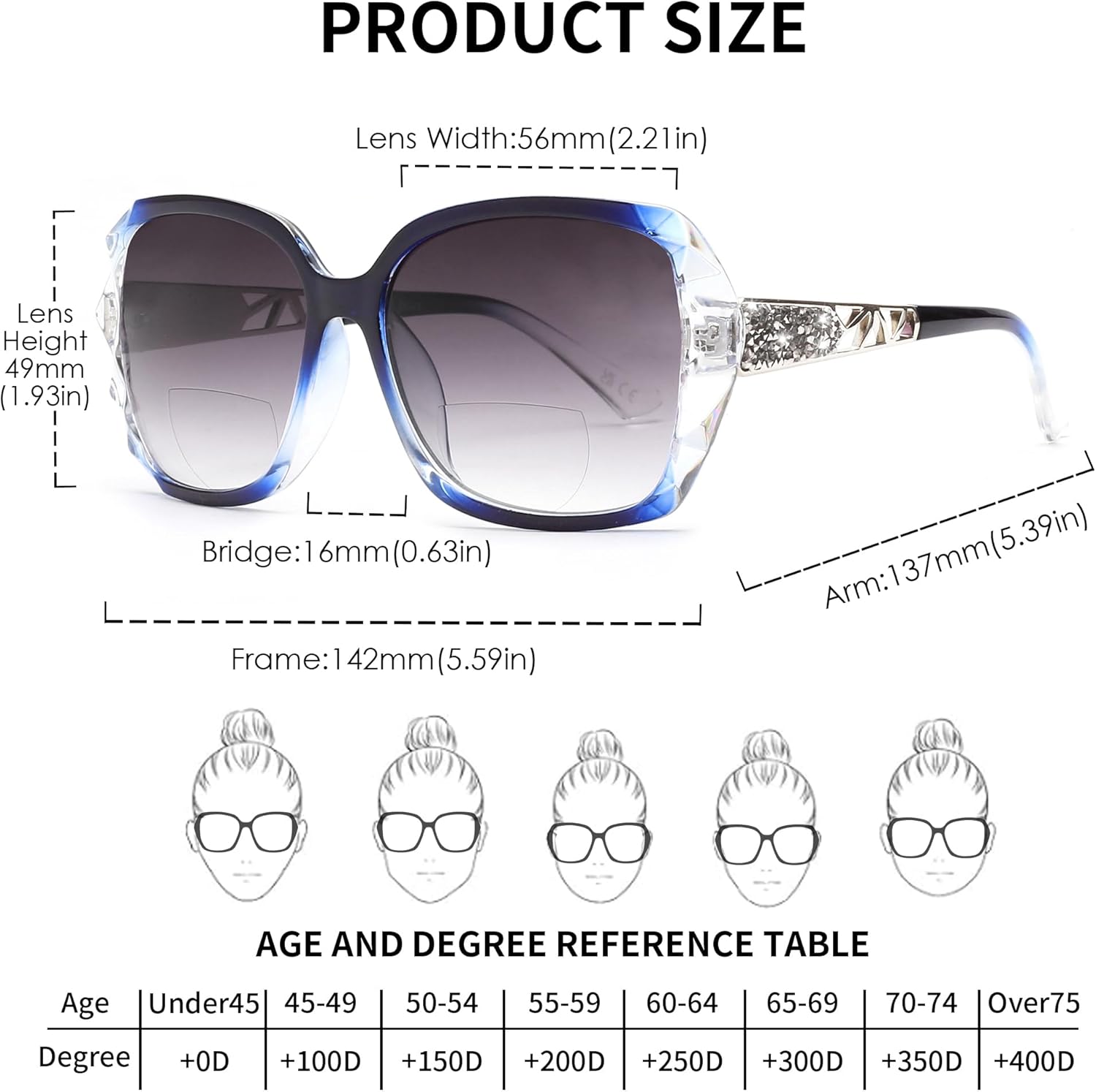 JM Bifocal Reading Sunglasses for Women Fashion Oversized Square Sun Readers Outdoor Reading Glasses UV400 Protection Clear Blue +1.5 - Image 5