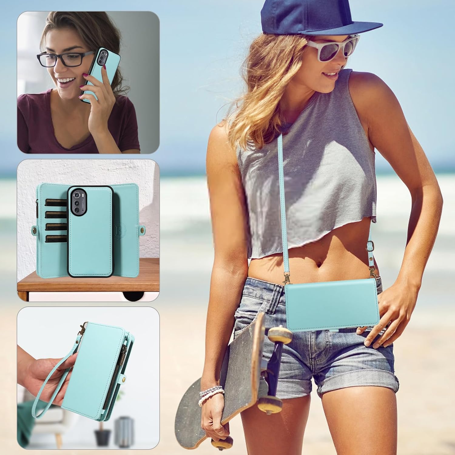 Phone Case for Motorola Moto Edge 2022/MotoEdge 5G UW 2022 Zipper Wallet Detachable Cover with Screen Protector Crossbody Lanyard Strap Flip Card Holder Slot Gen 3 XT2205-1 XT2205-2 6.6 Green