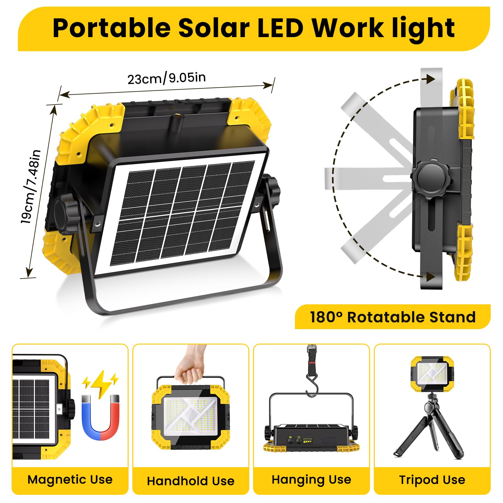 MEIKEE Luz de Trabajo Recargable Solar/USB-C 20000mAh, 2 Brillos + 3 Temperaturas Color + SOS Rojo/Azul, IP66, Powerbank, Base Magnética, Rosca Trípode, Foco para Construcción, Camping, Emergencias