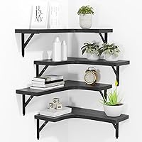 ROMGUAR CRAFT Rustic Floating Corner Shelves Set of 4 - L-Shaped Wall Mounted Wood Storage for Kitchen, Bathroom, Bedroom (Black)