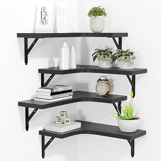 ROMGUAR CRAFT Rustic Black Corner Floating Shelves Set of 4 - L-Shape Wall Mounted Wood Storage for Bedroom Kitchen Bathroom
