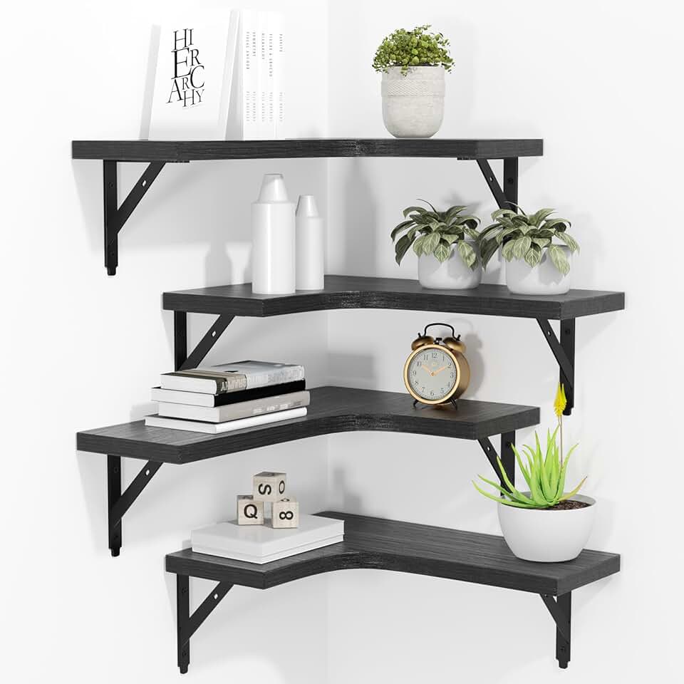 ROMGUAR CRAFT Corner Floating Shelves Wall Mounted Set of 4, Rustic Wood Storage Display Shelves for Home Decor, Bathroom, Kitchen, Bedroom, Living Room, Office (Black)