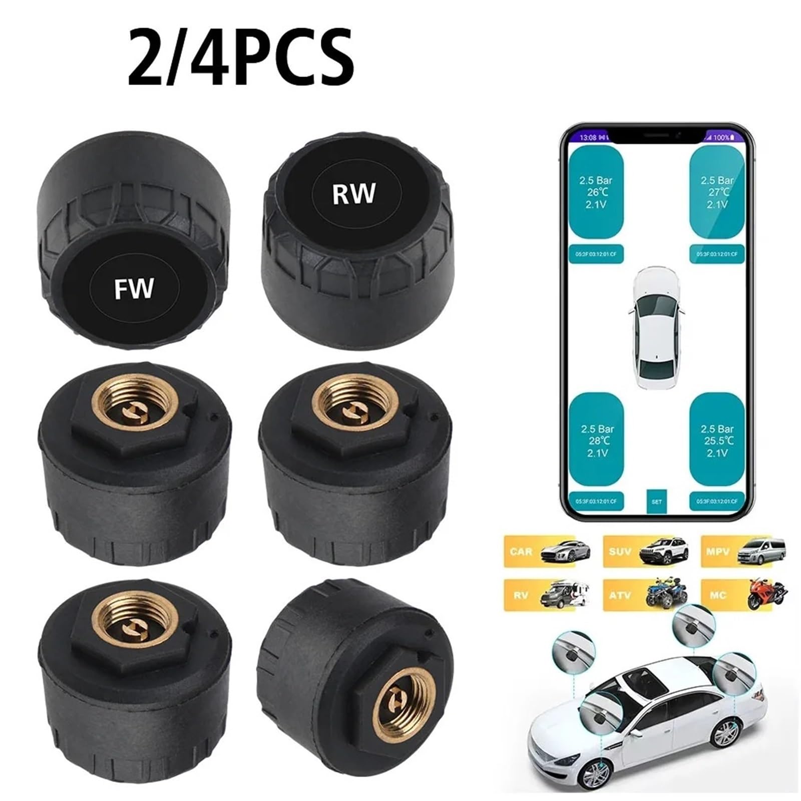 2/4PCS Telefon Wyświetlacz Samochodowy Motocykl Samochód TPMS System Monitorowania Ciśnienia W Oponach Zewnętrzny Alarm Czujniki Ciśnienia W Oponach(4 PCS)