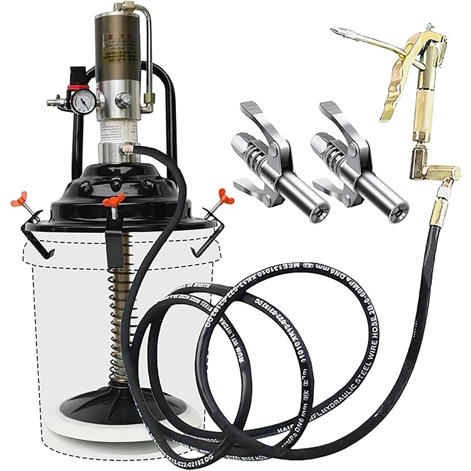 Air-Operated Grease Pump with 2 Couplers, Portable High-Pressure Pneumatic Grease 50:1 Delivery Pump for 5-Gallon Bucket, 0.85L/Min Pneumatic Grease Filler Pump with 11 1/8" Follower Plate