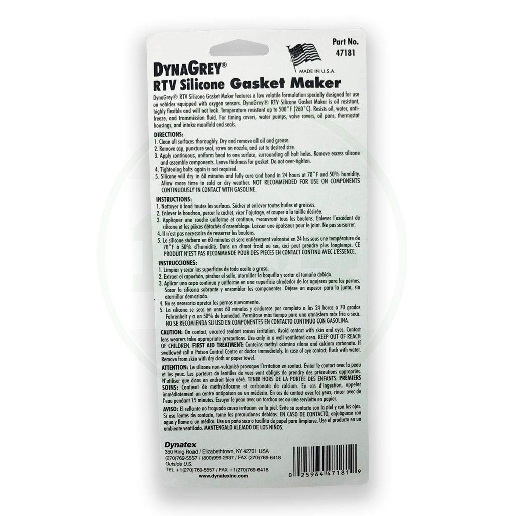 Dynatex 47181 DynaGrey Low Volatile RTV Silicone Gasket Maker, -85 to 500 Degree F, 3.8 oz Carded Tube, Grey: Industrial & Scientific