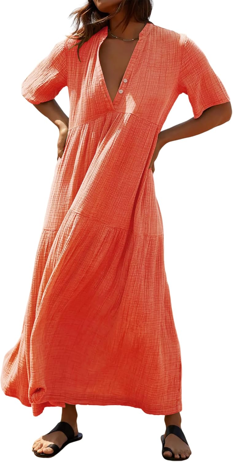 R.Vivimos Womens Summer Cotton Flowy Maxi Dress Short Sleeve V Neck Empire Waist Boho Tiered Ruffle Casual Loose Long Dresses