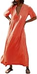 R.Vivimos Womens Summer Cotton Flowy Maxi Dress Short Sleeve V Neck Empire Waist Boho Tiered Ruffle Casual Loose Long Dresses