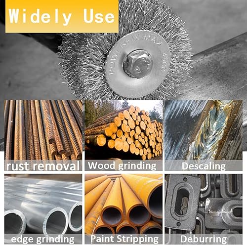 Miniatura 5 de Juego de 8 cepillos de alambre para taladro, rueda de alambre para taladro con vástago hexagonal de 14 pulgadas, juego de cepillos de alambre de