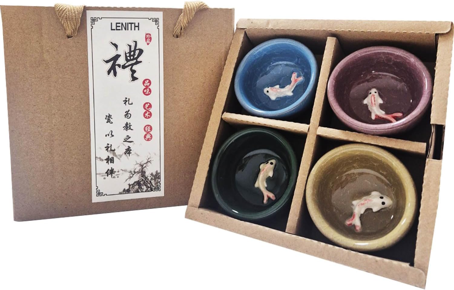 LENITH Ceramic Teacup and Sake Cup Set with 3D Koi Fish – Handcrafted, 4-Piece Assorted Colors, Gift Boxed for Tea or Spirits