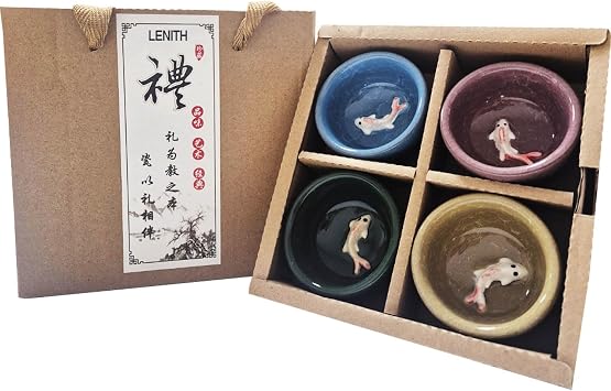 LENITH Ceramic Teacup and Sake Cup Set with 3D Koi Fish Handcrafted, 4-Piece Assorted Colors, Gift Boxed for Tea or Spirits