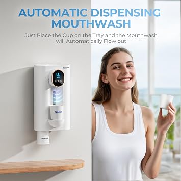 S7 Automatic Mouthwash Dispenser Touchless for Bathroom, Smart Electric Mouthwash Dispenser with 3 Magnetic Cups, Rechargeable, LED Screen Displays 3 Dispensing Amounts
