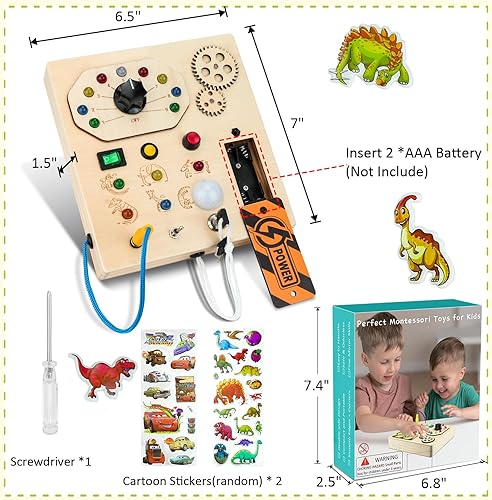 Miniatura 8 de JAMIEWIN Montessori - Tablero de actividades con interruptor de luz LED para niños pequeños de 1 a 3 años, tablero sensorial de madera, juguetes de