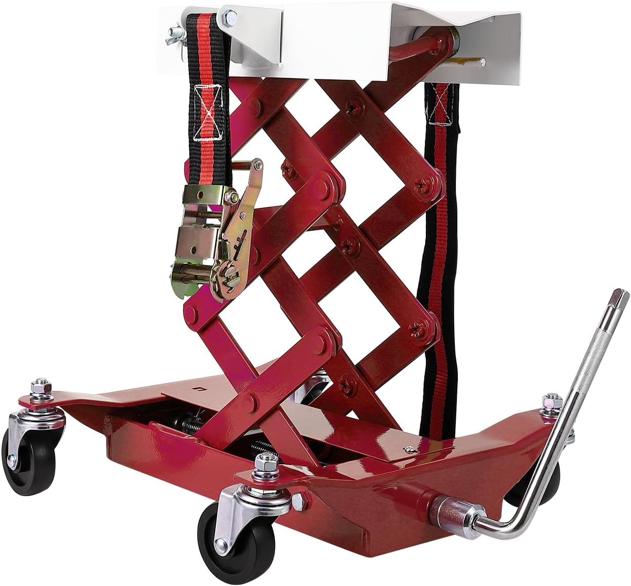 Low Profile Transmission Jack, 450 LB Capacity, High Lift Auto Repair Lift with Safety Straps and 4 Wheels, Heavy Duty Hydraulic Transmission Floor Jack for Home Garage and Shop, Red