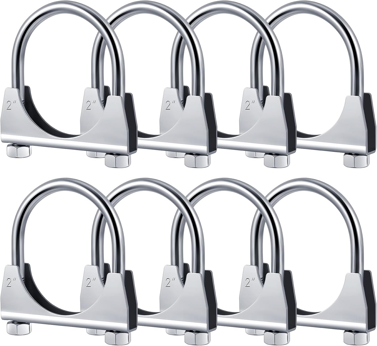 8 Pcs 2" Exhaust Clamp Heavy Duty U-bolt Exhaust Clamp - Saddle Design Muffler Pipe Connector, Tip Hook Clip, Galvanized Iron, Fits 2" Od Pipes (8 Pcs,2")
