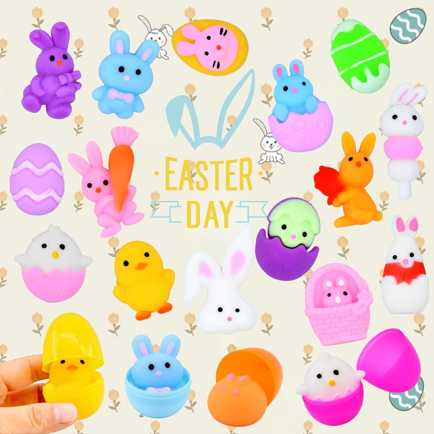 24 Pack Plastic Easter Eggs with 24 Pack Easter Mochi Squishy Toy for Kids Boys Girls Toddlers Easter Egg Fillers Bulk, Easter Basket Stuffers Party Favors Gifts Classroom Prize Supplies