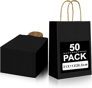 Gucass 50 Pieza Negro Bolsas Papel Kraft con Asas, Medianas Bolsas de Papel Regalo, 21x11x27cm, Bolsitas de Regalos para Embalaje de Regalo, la Compra, Navidad Fiestas de Cumpleaños Bodas