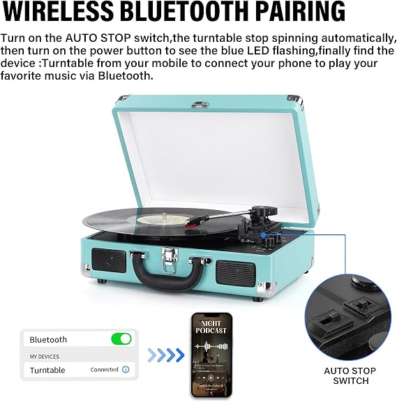 Vinyl Record Player 3-Speed Bluetooth Suitcase Turntable with Built-in Speakers RCA Line Out AUX in Headphone Jack Vintage Record Player,Convert Vinyl to WAV or MP3