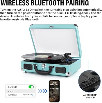 Vinyl Record Player 3-Speed Bluetooth Suitcase Turntable with Built-in Speakers RCA Line Out AUX in Headphone Jack Vintage Record Player,Convert Vinyl to WAV or MP3