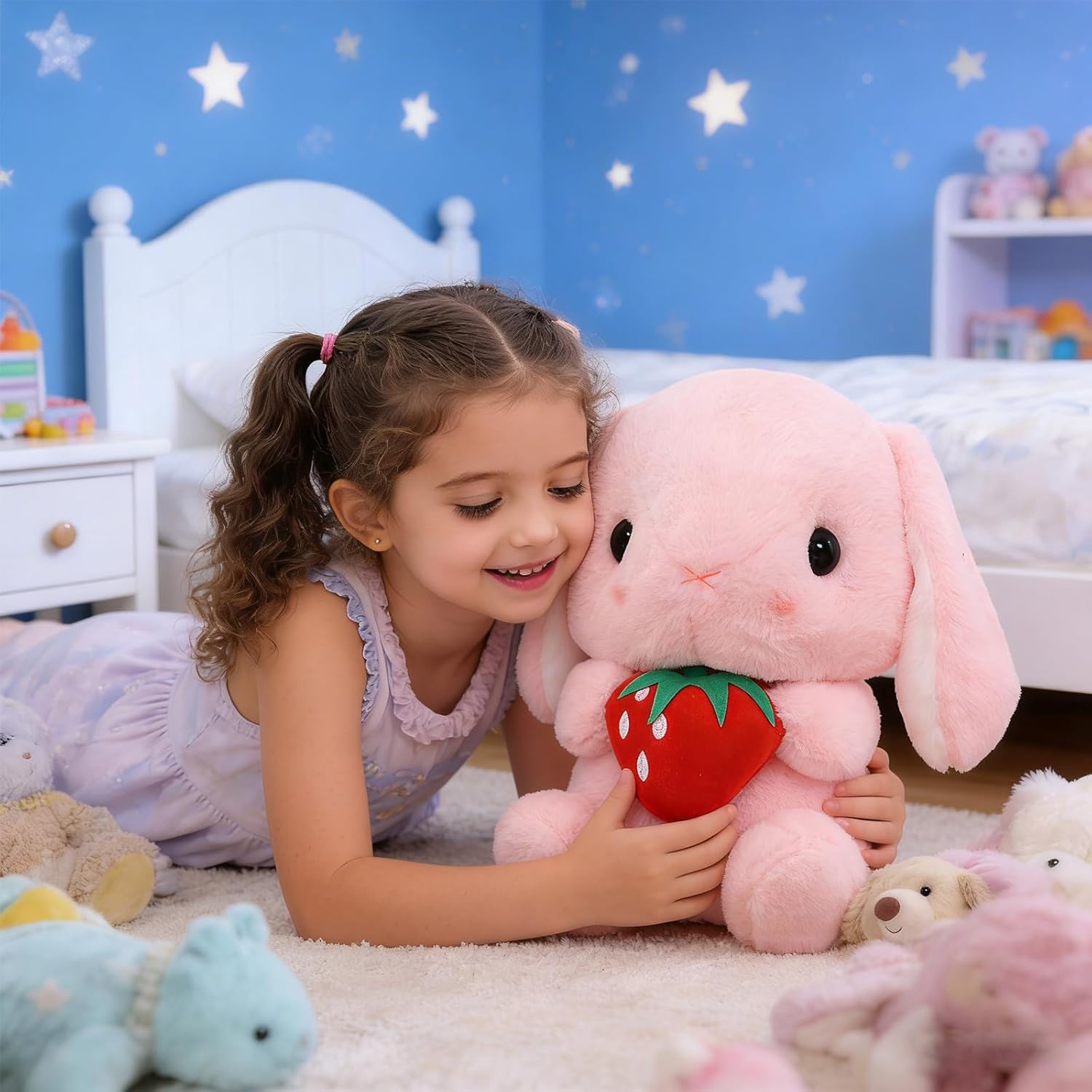 HOUPU Soft Toy - Sitting Lop Eared Rabbit, Easter White Rabbit Stuffed Bunny Animal with Carrot Soft Lovely Realistic Long-Eared Standing Pink Plush Toys (Pink-Strawberry,12.5in/32cm)