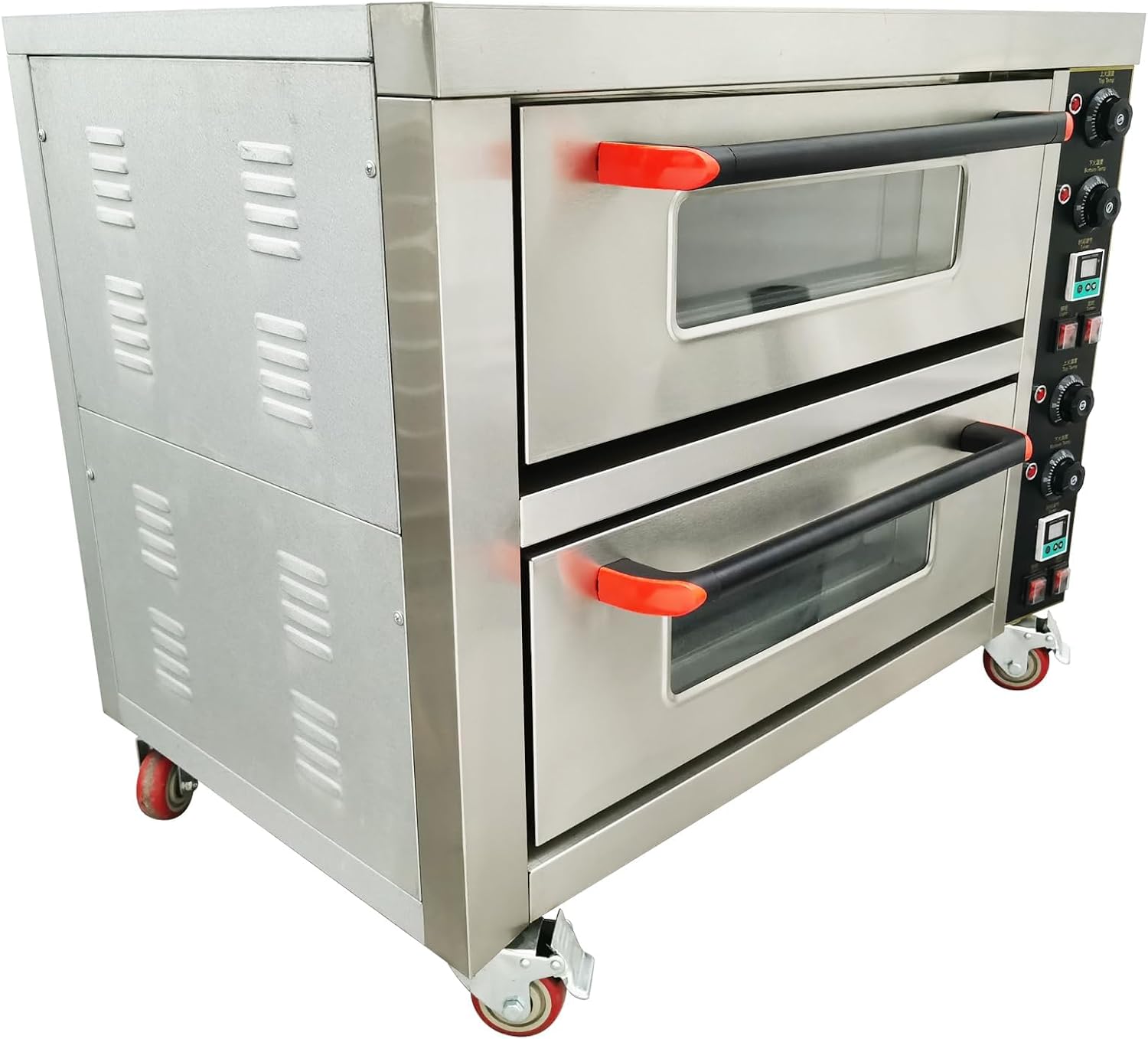 220V Commercial Pizza Oven 6.4KW Single Phase 2 Deck 2 Pan Stainless Steel Movable Electric Baking Oven with Independent Thermostat for Pizzeria, Restaurant, Bakery