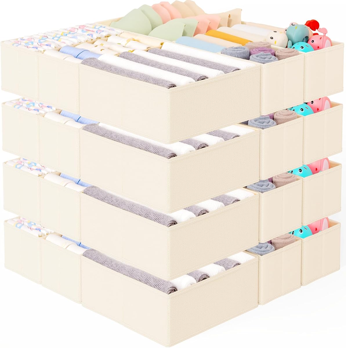 26 Pack Drawer Organizer for Clothes, Foldable Dresser Dividers with 3 Sizes, Fabric Storage Bins – Beige