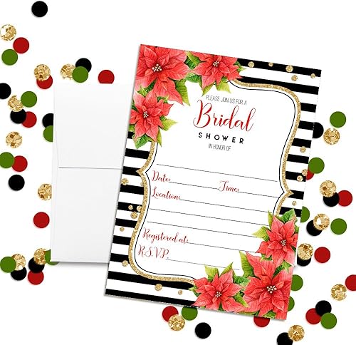 Miniatura 2 de Acuarela Poinsettia con rayas blanco y negro & oro Confeti Christmas Bridal ducha invitaciones, diez 5"x7" llenar en tarjetas con 10 sobres blancos