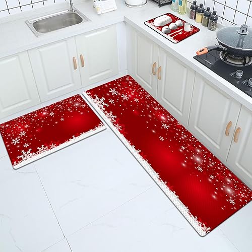 Lnond Juego de 3 tapetes de cocina antifatiga de Navidad con tapete para secar platos, copos de nieve rojos de Navidad, impermeables,