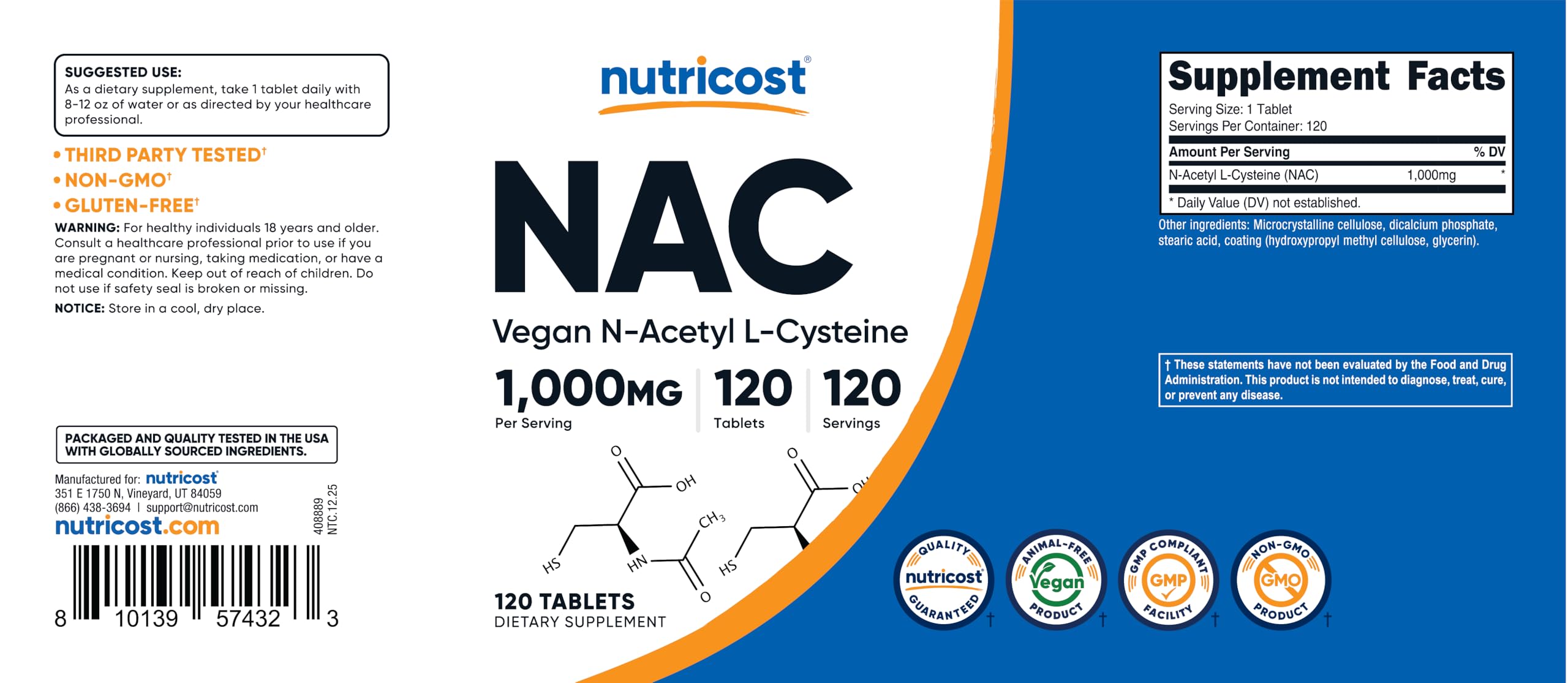 Nutricost N-Acetyl L-Cysteine (NAC) 1000mg, 120 Vegan Tablets, Gluten Free — Amazon image 6