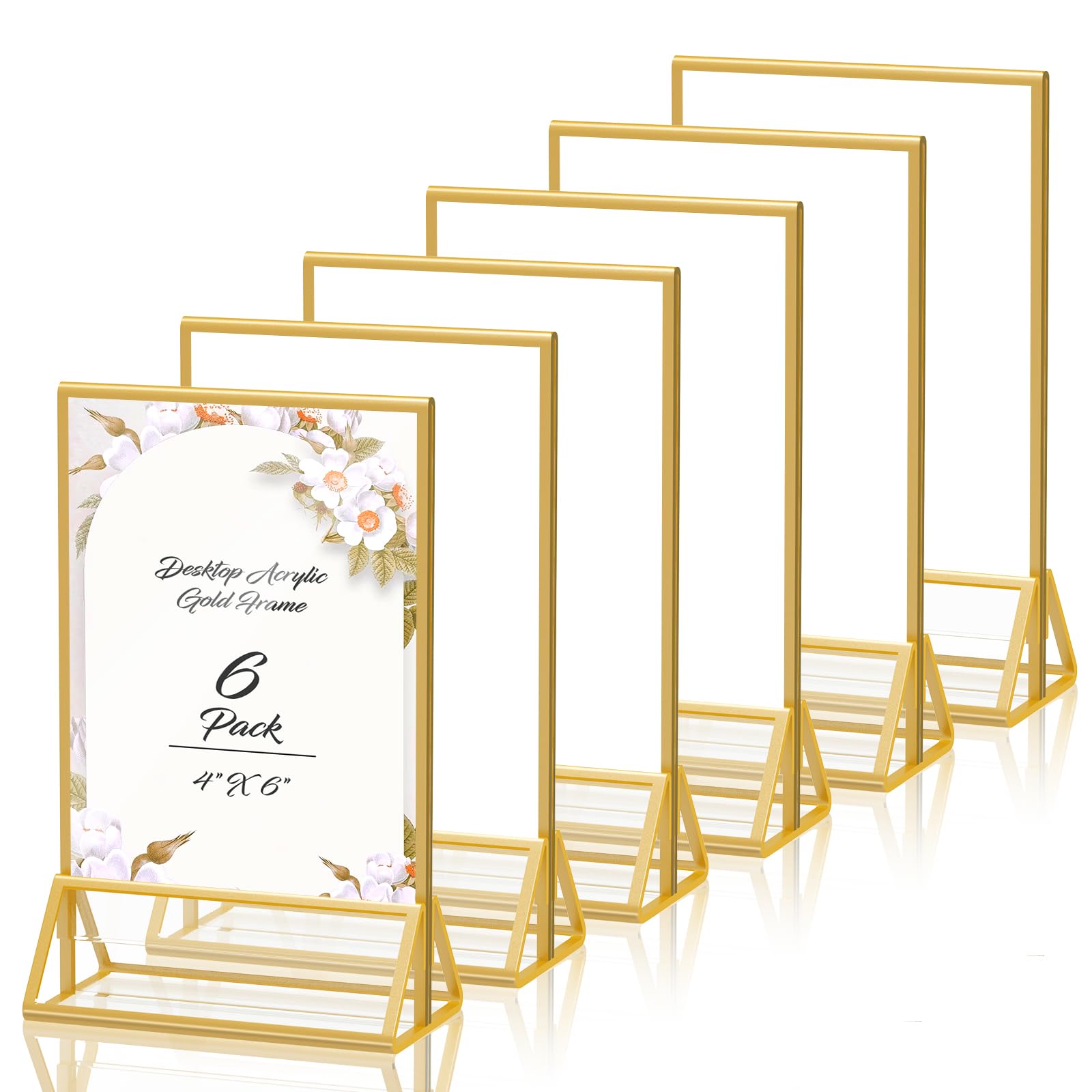 4X6 Gold Frames Double Sided Acrylic Sign Holder Tabletop Picture Frames Vertical Display Stand for Shop School Home Photos Wedding,Set of 6